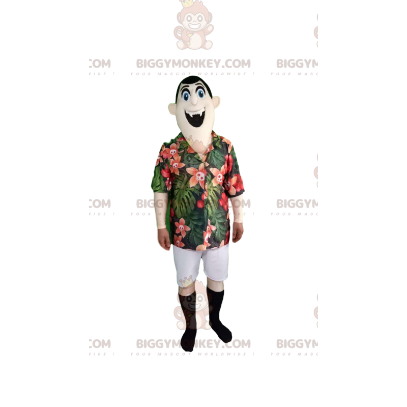 Disfraz de mascota vampiro BIGGYMONKEY™ con camisa tropical y Disfraz de mascota vampiro BIGGYMONKEY™ con camisa tropical y
