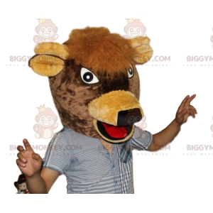 Πολύ χαρούμενη στολή μασκότ BIGGYMONKEY™ Brown Cow Head - Μασκότ αγελάδων - BIGGYMONKEY_013708 - BiggyMonkey.com