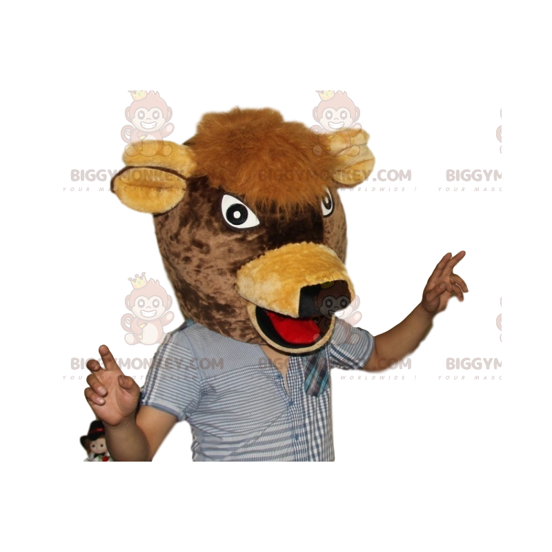 Costume de mascotte BIGGYMONKEY™ de tête de vache marron très Costume de mascotte BIGGYMONKEY™ de tête de vache marron très