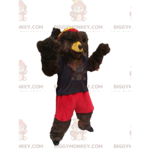 Traje de mascote de urso pardo BIGGYMONKEY™ com short vermelho