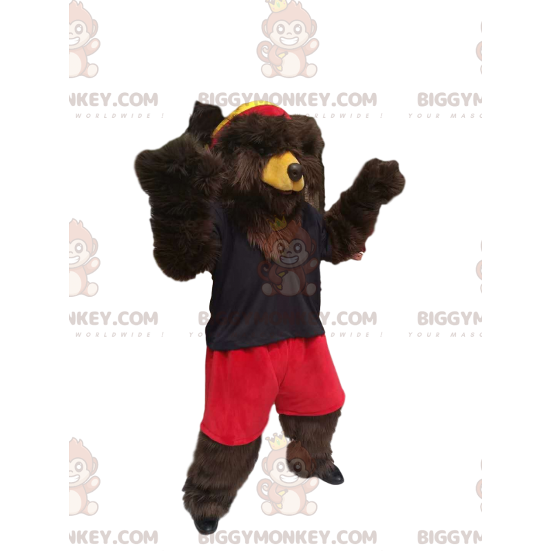 Brun bjørn BIGGYMONKEY™ maskotkostume med røde shorts og Brun bjørn BIGGYMONKEY™ maskotkostume med røde shorts og