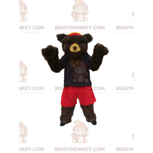 Στολή μασκότ Καφέ Αρκούδα BIGGYMONKEY™ με Κόκκινο Σορτς και Ναυτικό Πουκάμισο