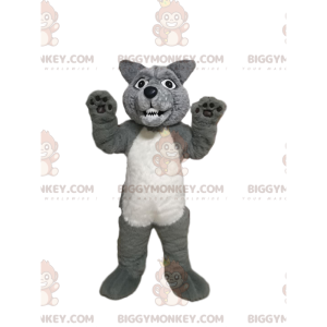 Traje de mascote agressivo de lobo cinzento e branco