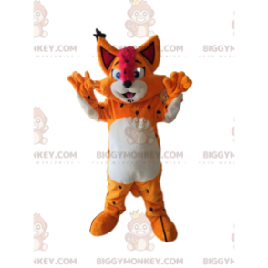 BIGGYMONKEY™ mascot costume of a smiling orange lynx with a fuchsia crest! - Tiger mascots - BiggyMonkey.com