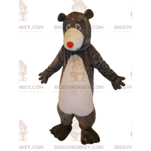 BIGGYMONKEY™ mascot costume of brown bear with a red nose. Bear
