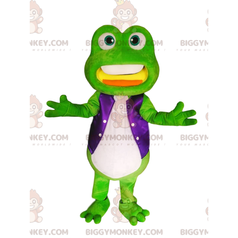 Green Frog BIGGYMONKEY™ Mascot Costume with Purple Satin Jacket Green Frog BIGGYMONKEY™ Mascot Costume with Purple Satin Jacket