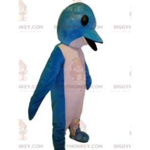 Traje de mascote super engraçado de golfinho branco e azul