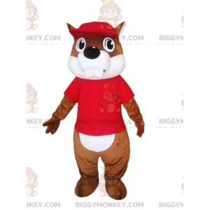 Beaver BIGGYMONKEY™ mascottekostuum met rode trui en pet -