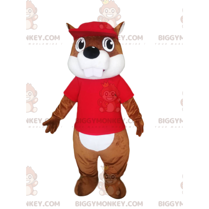 Beaver BIGGYMONKEY™ Mascot Costume with Red Jersey and Cap -