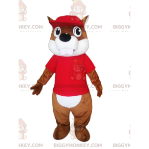 Beaver BIGGYMONKEY™ Mascot Costume with Red Jersey and Cap -