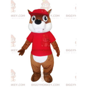 Στολή μασκότ Beaver BIGGYMONKEY™ με κόκκινη φανέλα και καπέλο -