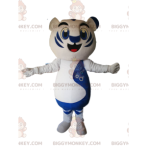 BIGGYMONKEY™ maskotkostyme av hvit og blå tiger med stort smil - Tiger maskoter - BIGGYMONKEY_013778 - BiggyMonkey.com