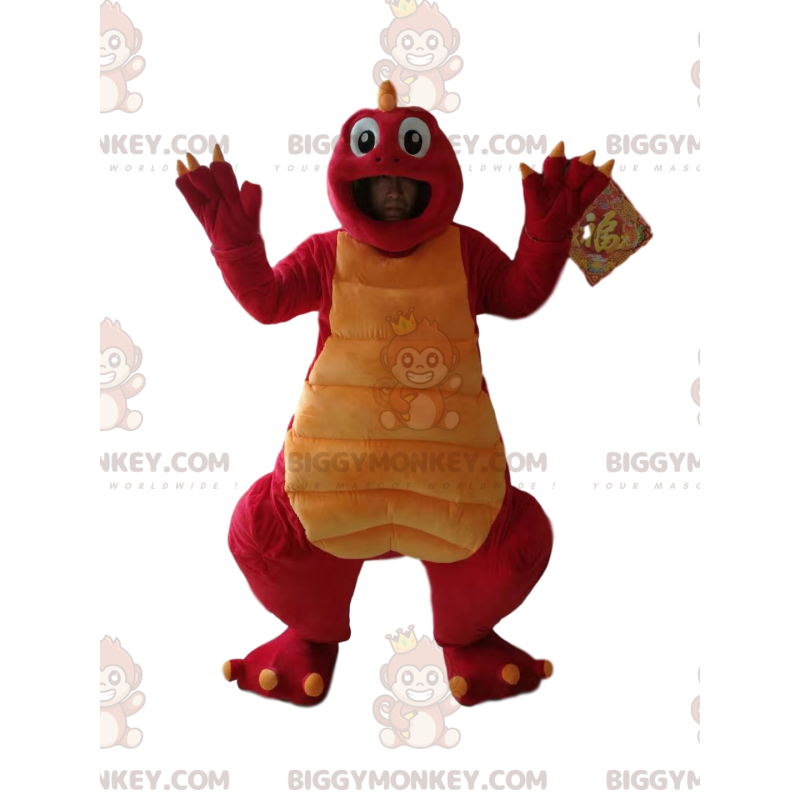 Costume de mascotte BIGGYMONKEY™ de dinosaure rigolo rouge et Costume de mascotte BIGGYMONKEY™ de dinosaure rigolo rouge et