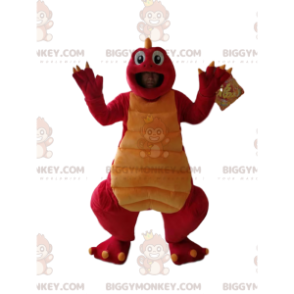 Röd och gul rolig dinosaurie BIGGYMONKEY™ maskotdräkt - Dinosaurmaskot - BIGGYMONKEY_013789 - BiggyMonkey.com