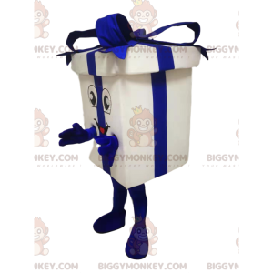 Costume de mascotte BIGGYMONKEY™ de paquet cadeau blanc et bleu