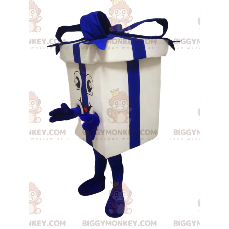 Costume de mascotte BIGGYMONKEY™ de paquet cadeau blanc et bleu Costume de mascotte BIGGYMONKEY™ de paquet cadeau blanc et bleu