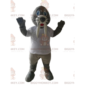 Fantasia de mascote BIGGYMONKEY™ de morsa cinza com camisa