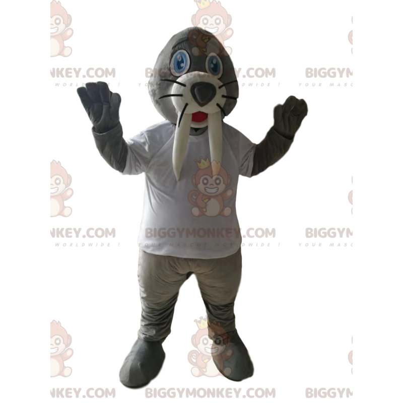 Gray Walrus BIGGYMONKEY™ Mascot Costume with White Jersey -