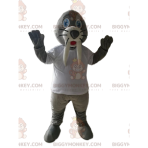 Kostým maskota šedého mrože BIGGYMONKEY™ s bílým dresem - Těsnění maskoti - BIGGYMONKEY_013799 - BiggyMonkey.com
