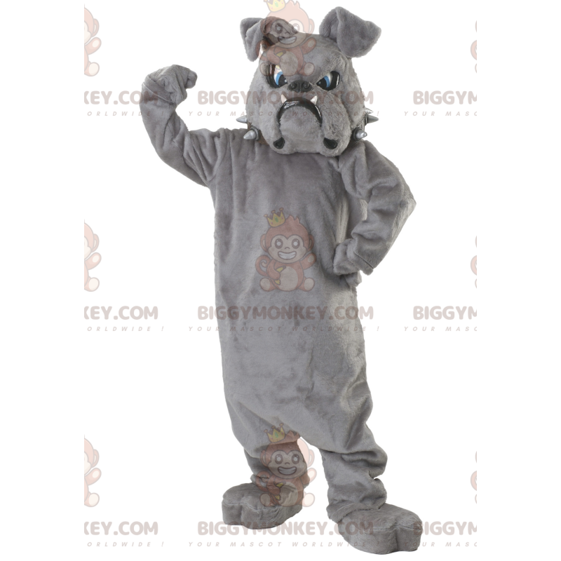 Traje de mascote BIGGYMONKEY™ Bulldog cinza com olhos azuis –