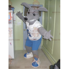 BIGGYMONKEY™ maskotkostyme av grå kenguru i blått og hvitt antrekk - Kenguru-maskoter - BIGGYMONKEY_01652 - BiggyMonkey.com