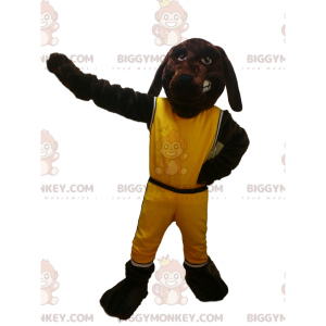 Brun hund BIGGYMONKEY™ maskotkostyme med gult sportstøy - Hundemasker - BIGGYMONKEY_013829 - BiggyMonkey.com