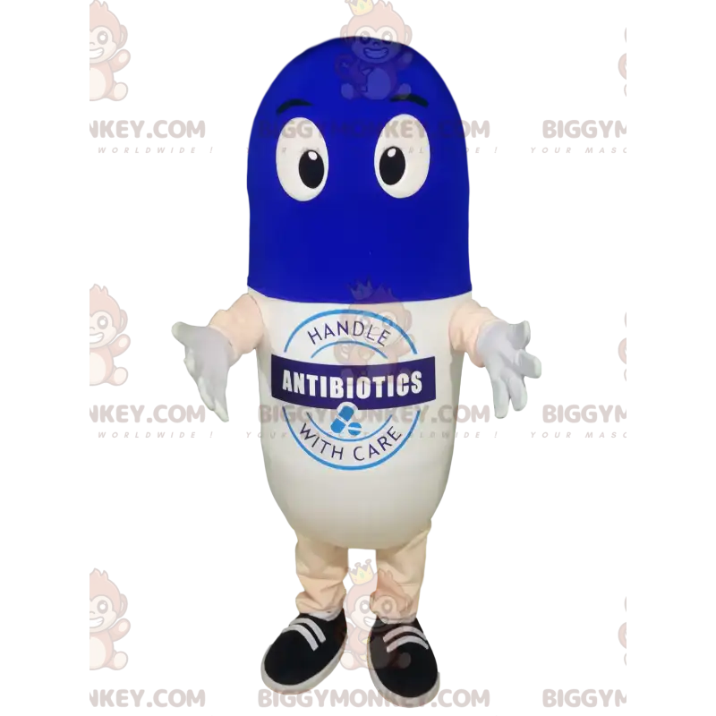 Disfraz de mascota de píldora blanca y azul BIGGYMONKEY™. - Disfraz de mascota de píldora blanca y azul BIGGYMONKEY™. -