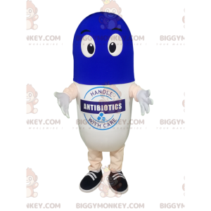 Traje de mascote BIGGYMONKEY™ com pílula branca e azul. –