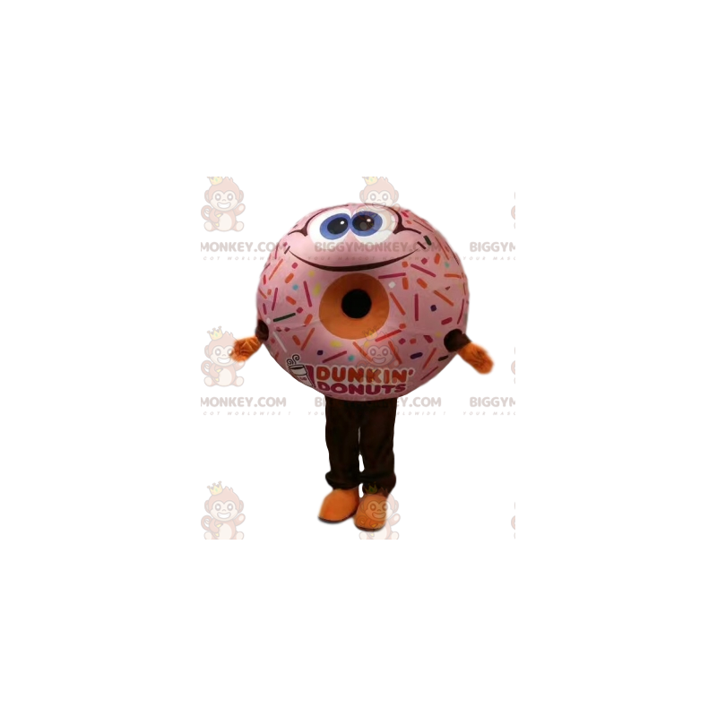 Donut BIGGYMONKEY™ mascottekostuum met roze glazuur en een Donut BIGGYMONKEY™ mascottekostuum met roze glazuur en een