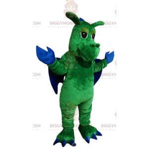 BIGGYMONKEY™ Costume da mascotte Drago verde con ali blu -