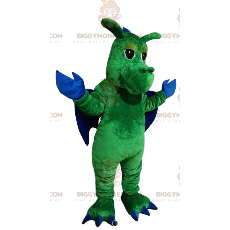 BIGGYMONKEY™ maskottiasu, vihreä lohikäärme sinisillä siivillä