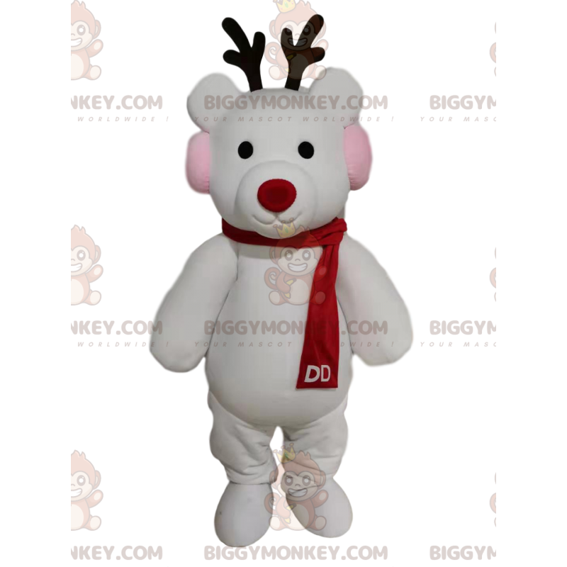 BIGGYMONKEY™ Mascottekostuum Wit rendier met rode sjaal - BIGGYMONKEY™ Mascottekostuum Wit rendier met rode sjaal -