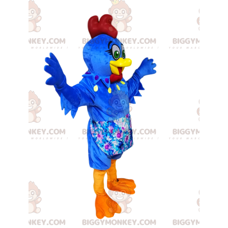 Blue Hen BIGGYMONKEY™ maskottiasu kukkaisella esiliinalla - Istuta maskotteja - BIGGYMONKEY_013851 - BiggyMonkey.com