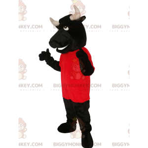 BIGGYMONKEY™ Μασκότ Κοστούμι Μαύρος Ταύρος με Κόκκινο Τζέρσεϋ -