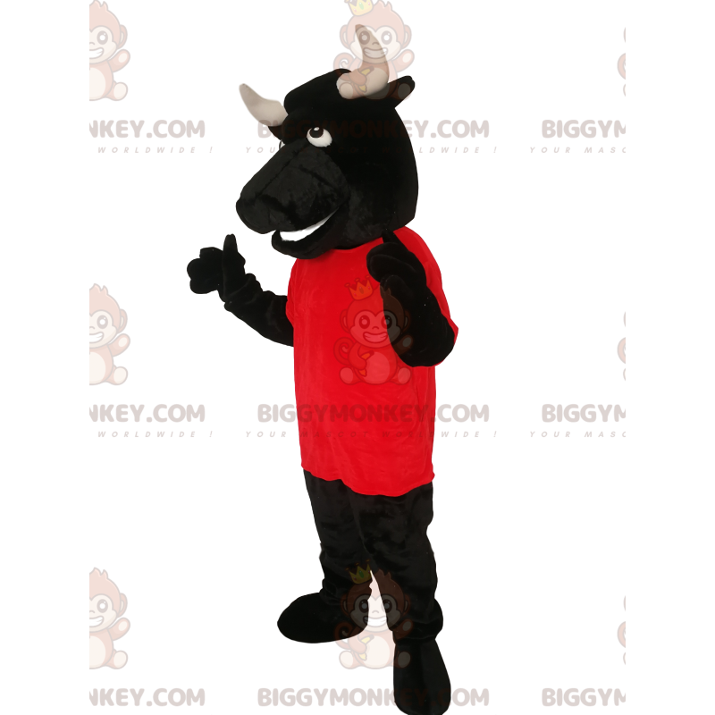 BIGGYMONKEY™ Costume da mascotte Toro nero con maglia rossa - BIGGYMONKEY™ Costume da mascotte Toro nero con maglia rossa -