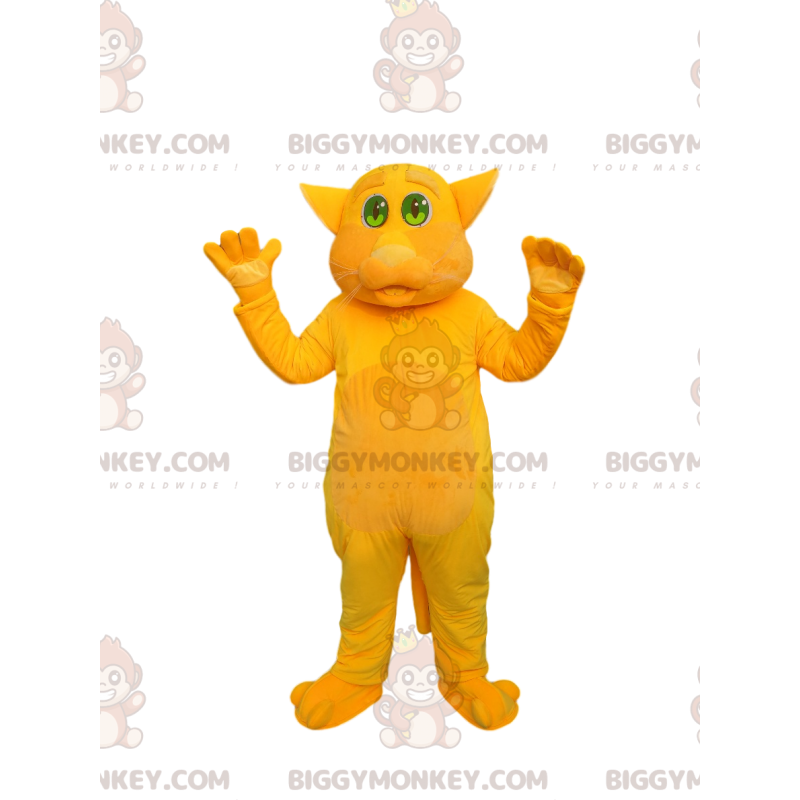 BIGGYMONKEY™ maskottiasu keltainen kissa kauniilla vihreillä BIGGYMONKEY™ maskottiasu keltainen kissa kauniilla vihreillä
