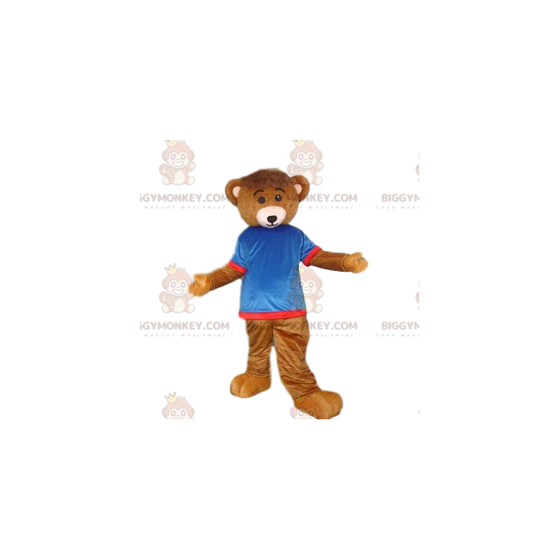 Brown Bear Cub BIGGYMONKEY™ maskotkostume med blå og rød jersey Brown Bear Cub BIGGYMONKEY™ maskotkostume med blå og rød jersey