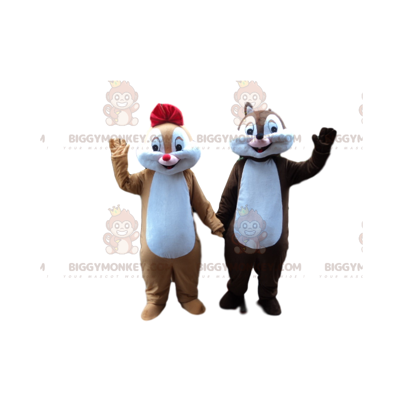 Coppia di costumi mascotte scoiattolo marrone e caramello Coppia di costumi mascotte scoiattolo marrone e caramello
