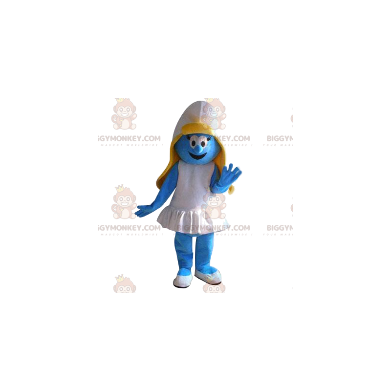 Smurfett BIGGYMONKEY™ maskotdräkt med vit volangklänning - Smurfett BIGGYMONKEY™ maskotdräkt med vit volangklänning -