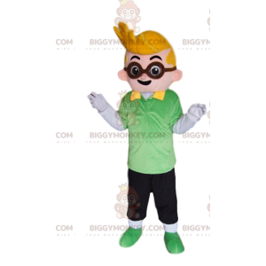 Kostým maskota BIGGYMONKEY™ Malý blond chlapec s brýlemi