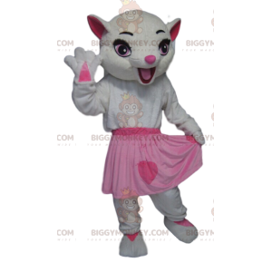 Kostým maskota bílé kočičky BIGGYMONKEY™ s růžovou sukní –