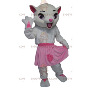 Traje de mascote BIGGYMONKEY™ Gatinha Branca com saia rosa