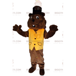 Beaver BIGGYMONKEY™ mascottekostuum met geel vest en zwarte