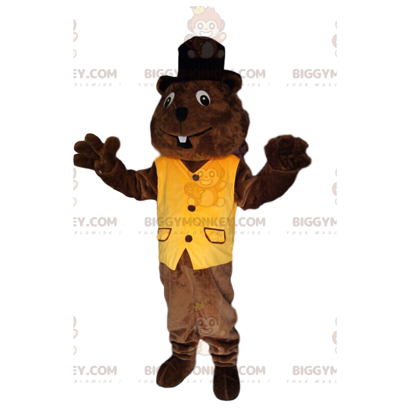 Beaver BIGGYMONKEY™ maskotkostume med gul vest og sort hat - Beaver BIGGYMONKEY™ maskotkostume med gul vest og sort hat -