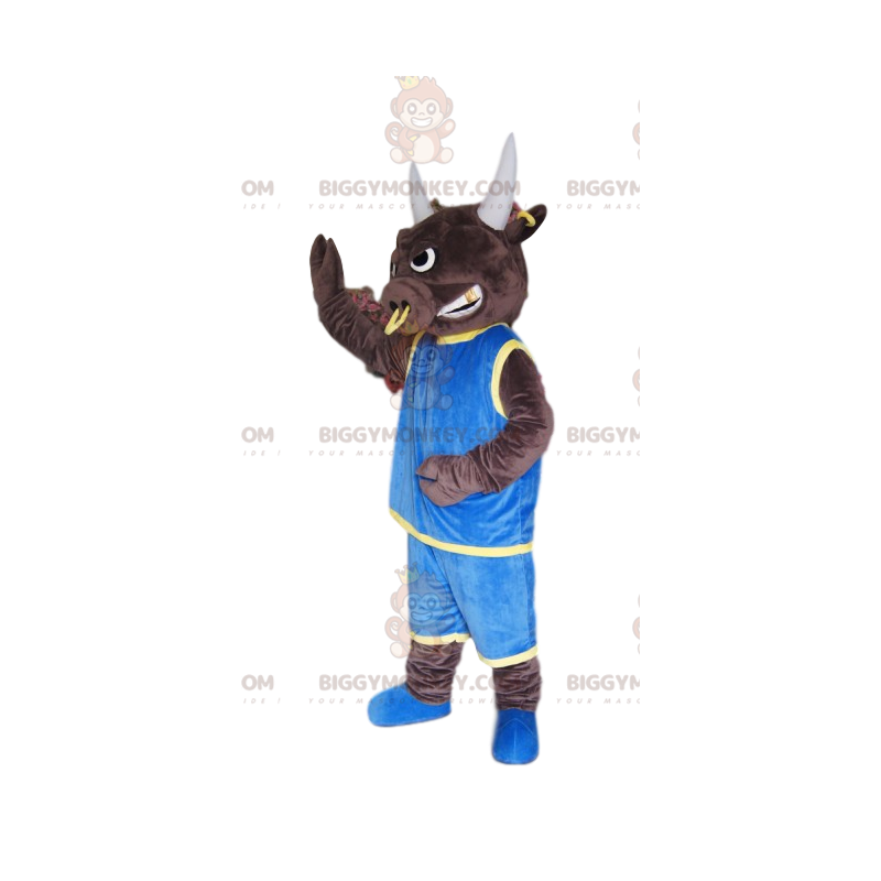 Bull BIGGYMONKEY™ maskotkostume med ring og blå skjorte - Bull BIGGYMONKEY™ maskotkostume med ring og blå skjorte -