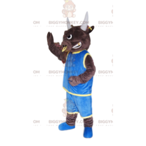 Στολή μασκότ Bull BIGGYMONKEY™ με δαχτυλίδι και μπλε πουκάμισο