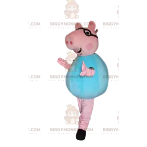 BIGGYMONKEY™ Pink Pig Mascot Costume With Glasses And Blue