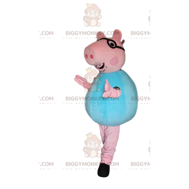 BIGGYMONKEY™ Pink Pig Mascot Costume With Glasses And Blue BIGGYMONKEY™ Pink Pig Mascot Costume With Glasses And Blue