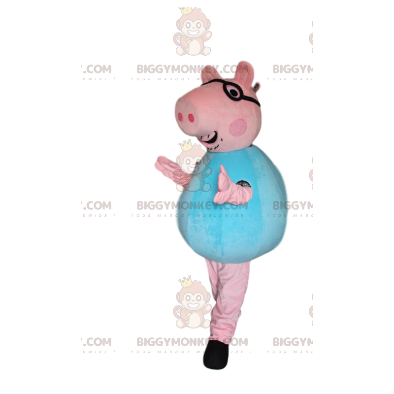 Kostým maskota růžového prasete BIGGYMONKEY™ s brýlemi a modrou Kostým maskota růžového prasete BIGGYMONKEY™ s brýlemi a modrou