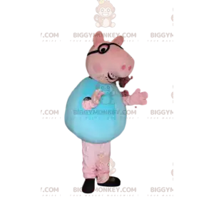 BIGGYMONKEY™ Pink Pig Mascot Costume With Glasses And Blue